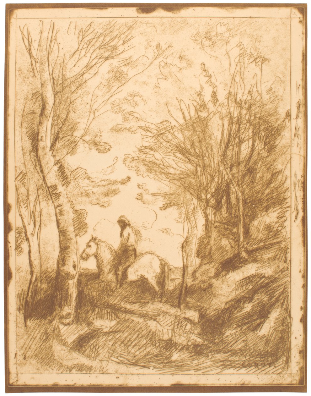 Horseman in the Woods, Large Plate by Jean-Baptiste-Camille Corot