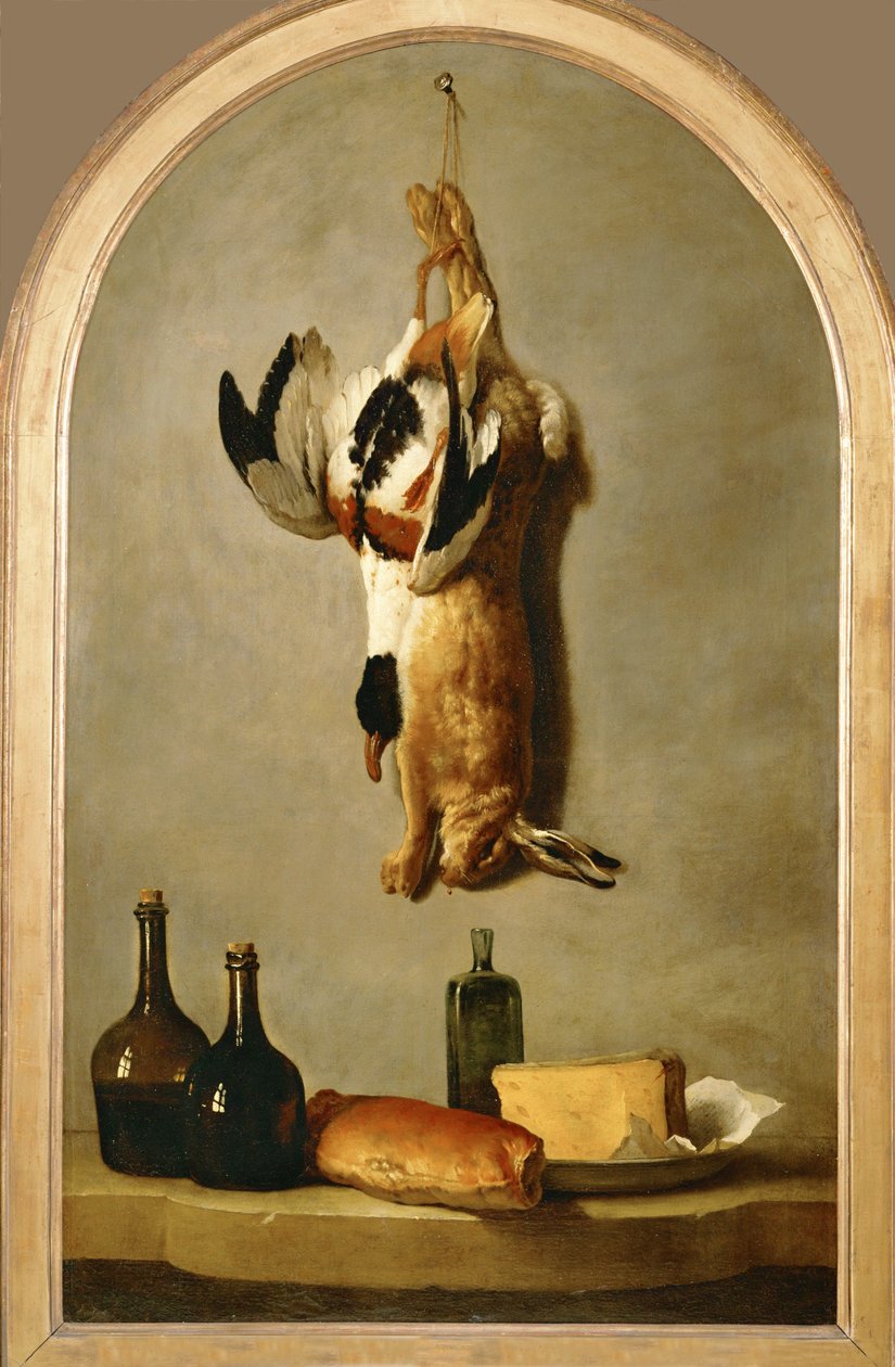 Still-Life with Dead Hare, Duck, Bottles, Bread and Cheese by Jean Baptiste (school of) Oudry