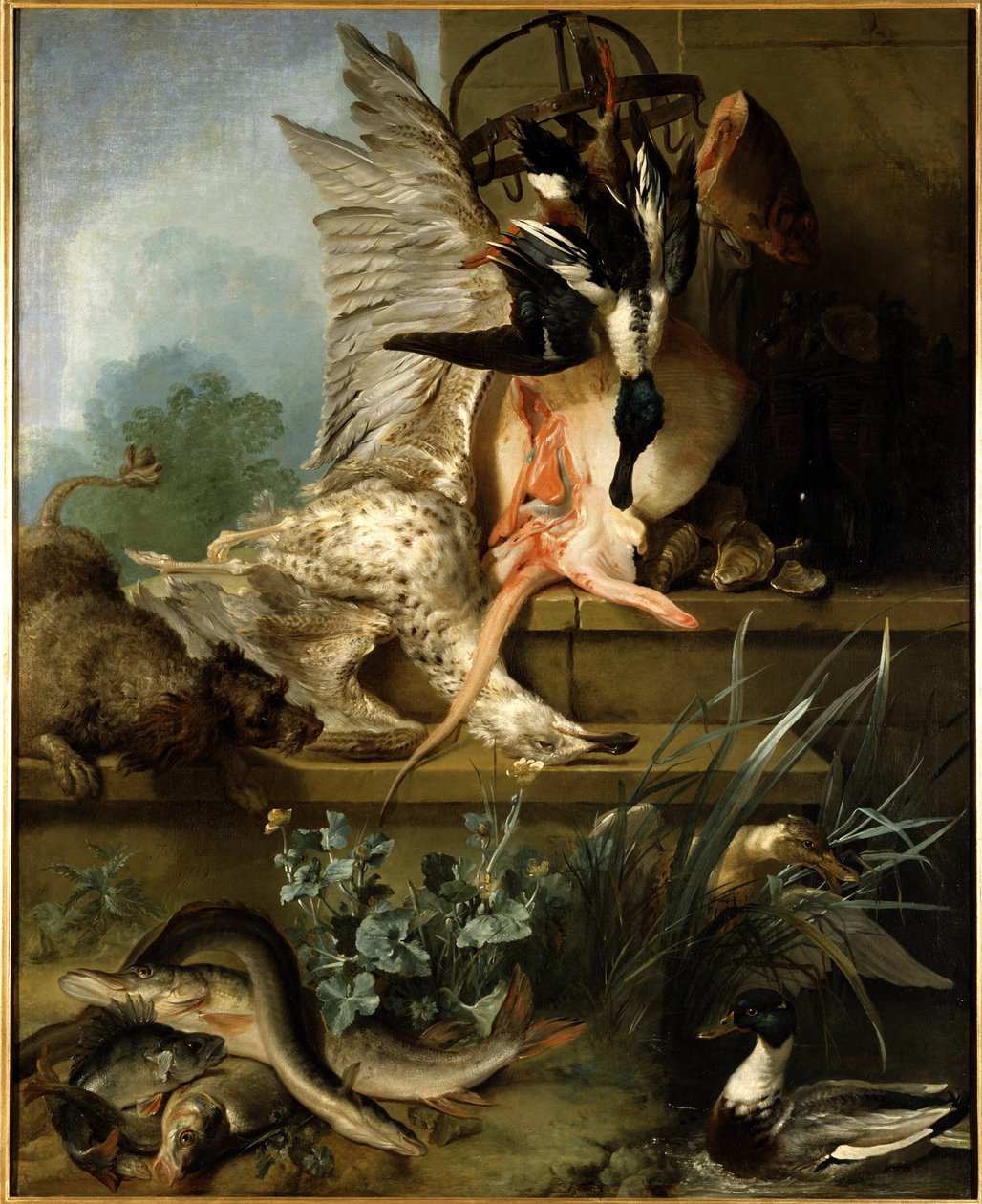 Still Life with a Spaniel Chasing Ducks ("Water") by Jean-Baptiste Oudry