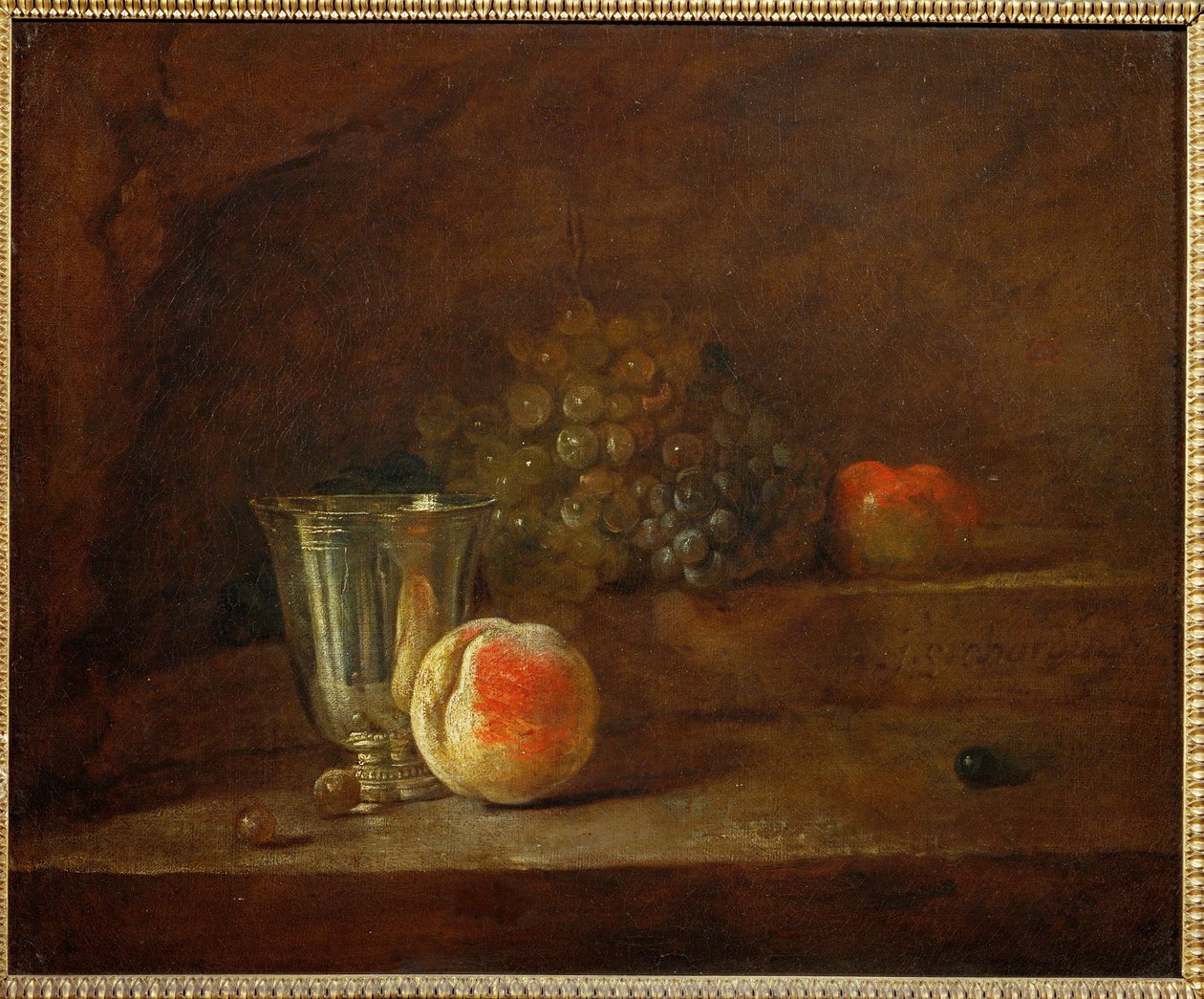 A Silver Goblet, Grapes, an Apple by Jean-Baptiste Simeon Chardin
