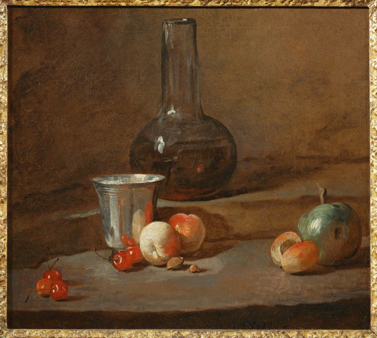 Carafe Half-Filled with Wine, Silver Goblet, Five Cherries, Two Peaches, an Apricot and a Green Apple by Jean-Baptiste Simeon Chardin