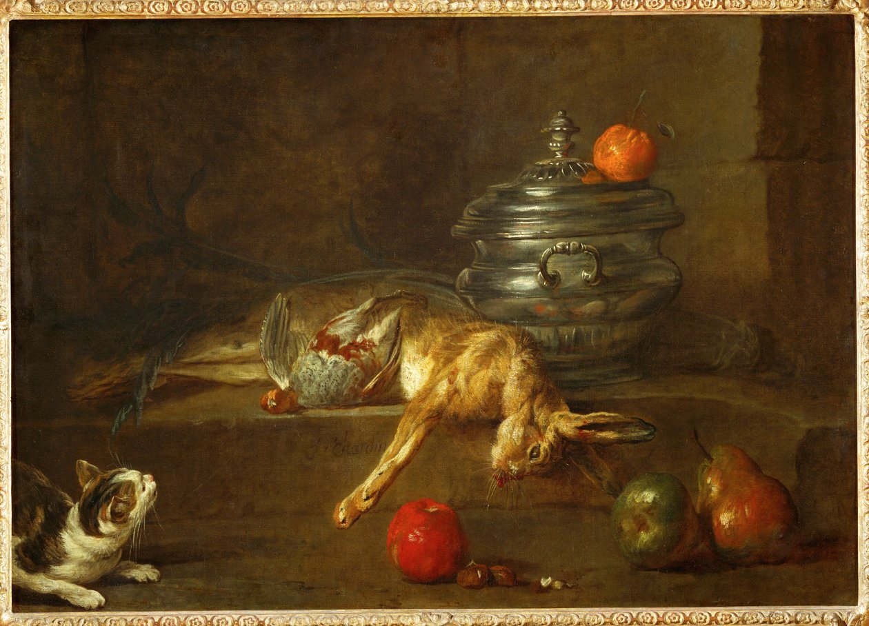 Cat Looking at a Dead Partridge and a Dead Hare, Thrown Next to an Oil-Pot