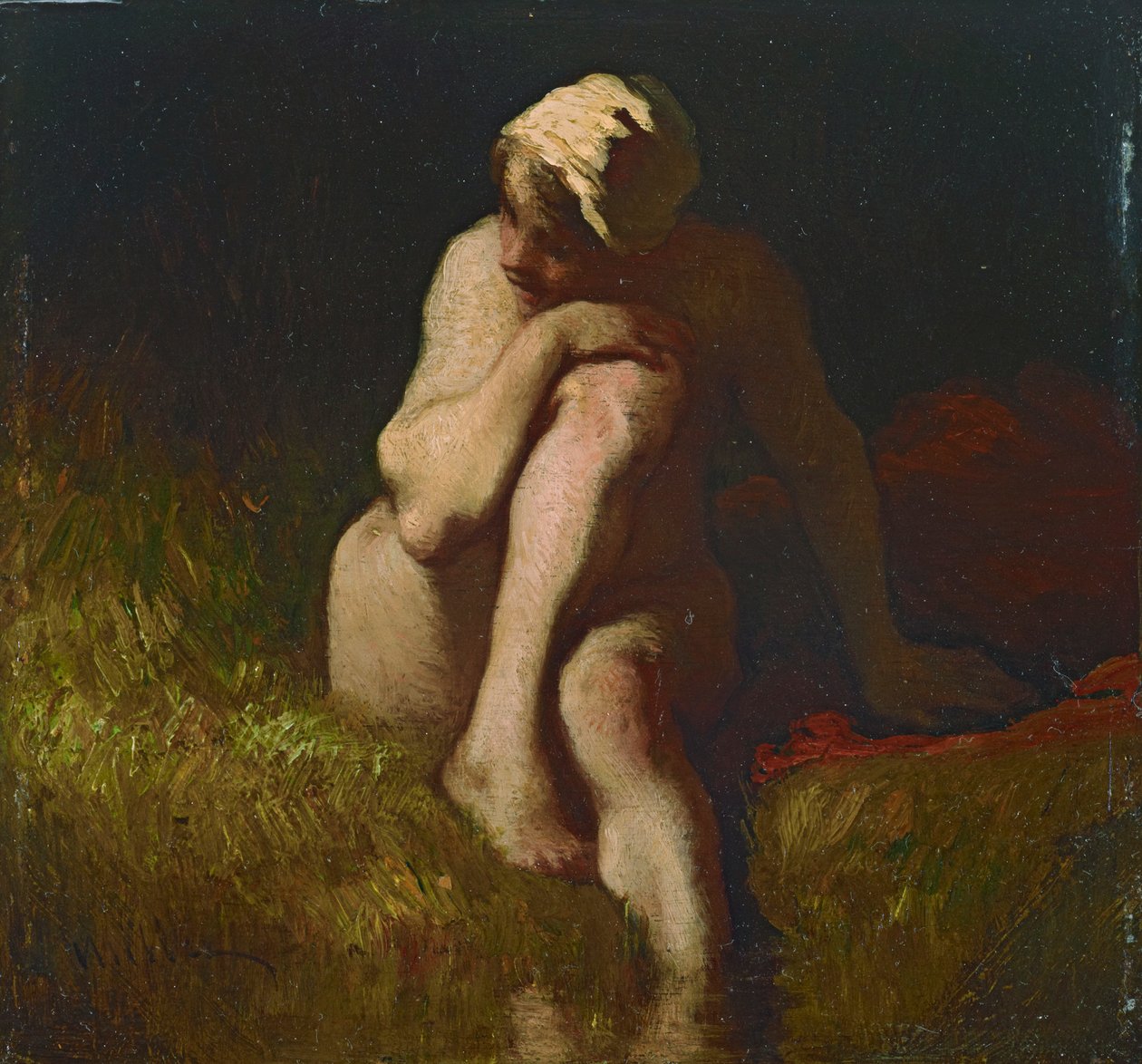Naked Farm Girl Sitting on the Bank of a Stream by Jean-Francois Millet
