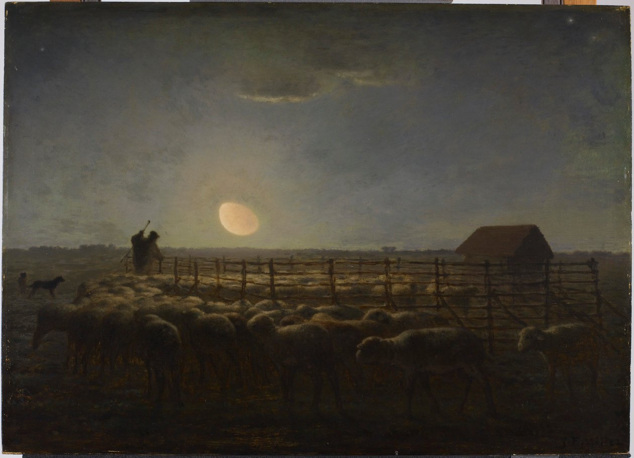 The Sheepfold, Moonlight by Jean-Francois Millet