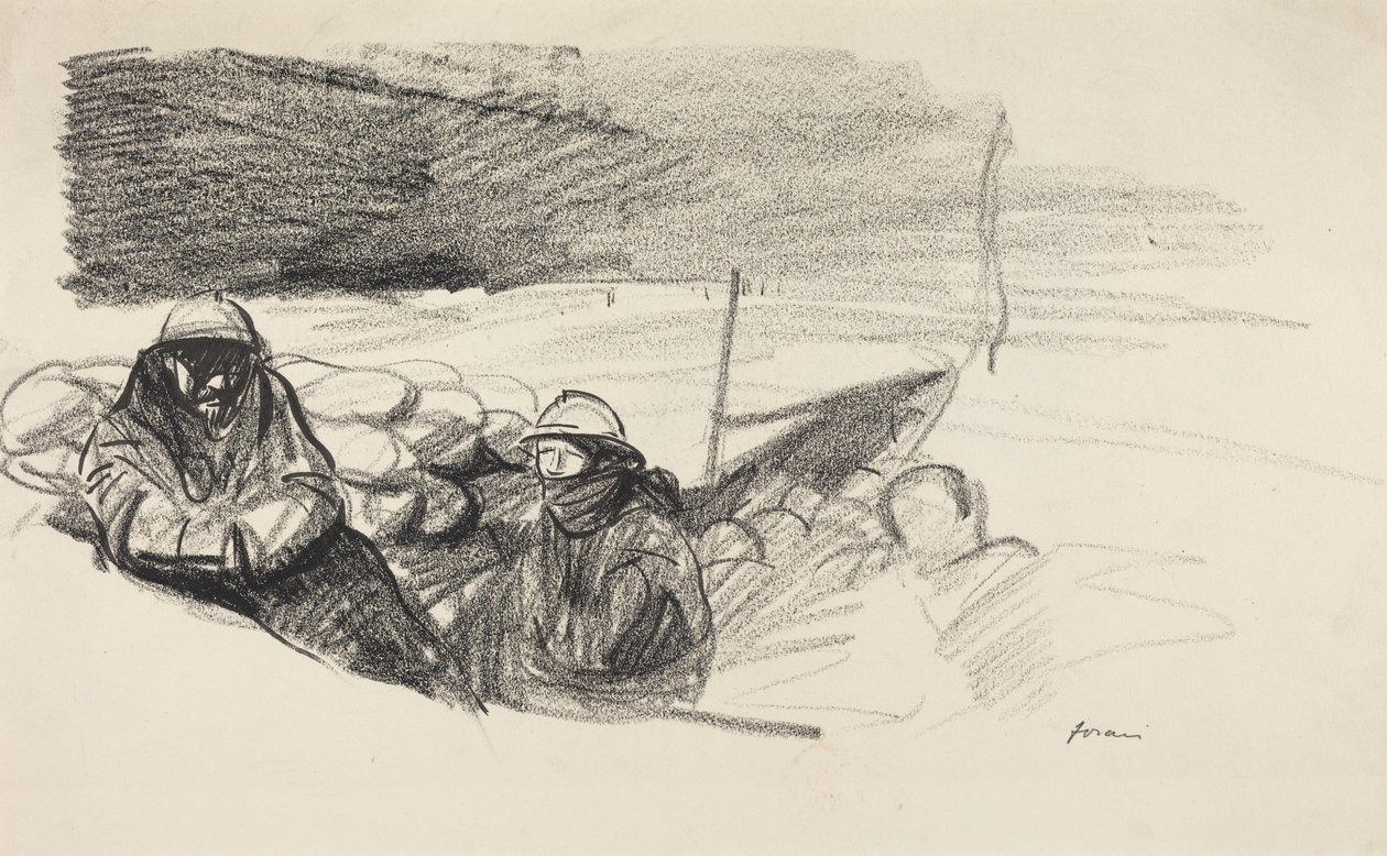 a) Two Soldiers in a Trench (recto); b) Interior with Figures Seated Behind a Table (verso) by Jean-Louis Forain
