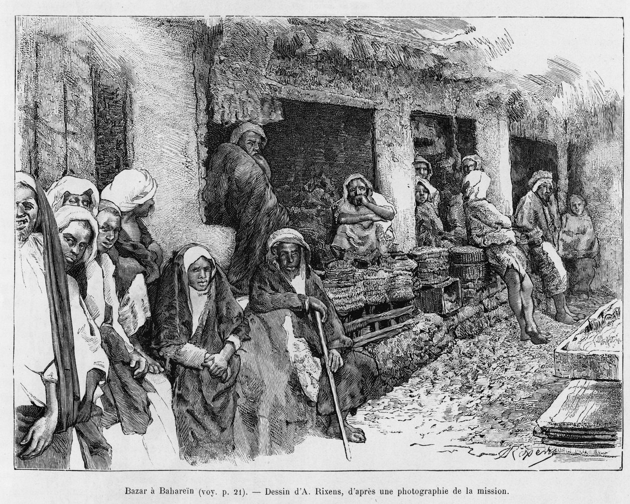 Bazaar a Bahrain, Chad. Engraving by A.Rixens to illustrate the story 