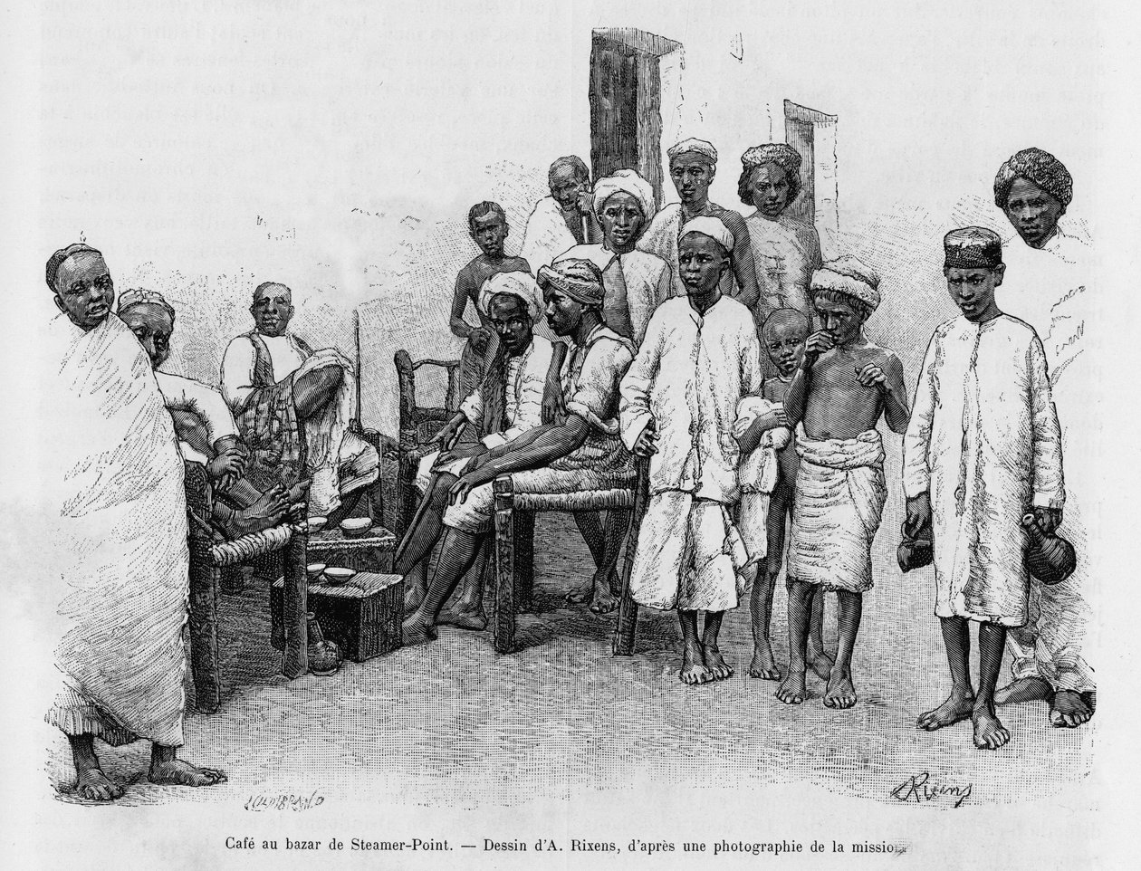 Cafe at Steamer Point Bazaar, Aden, Yemen. Engraving by A.Rixens to illustrate the story 