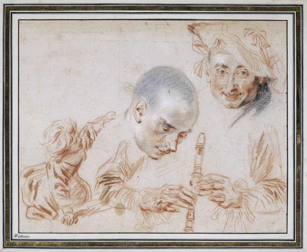 Crouching Child, Two Male Heads, One Wearing a Beret, Arms and Hands of a Recorder-Player by Jean-Antoine Watteau