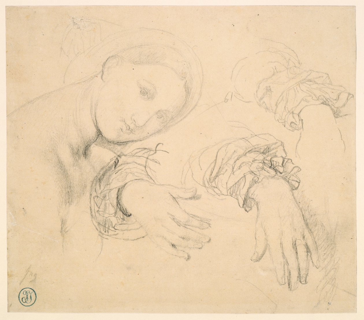 Sheet of Studies with the Head of the Fornarina and Hands of Madame de Senonnes by Jean Auguste Dominique Ingres