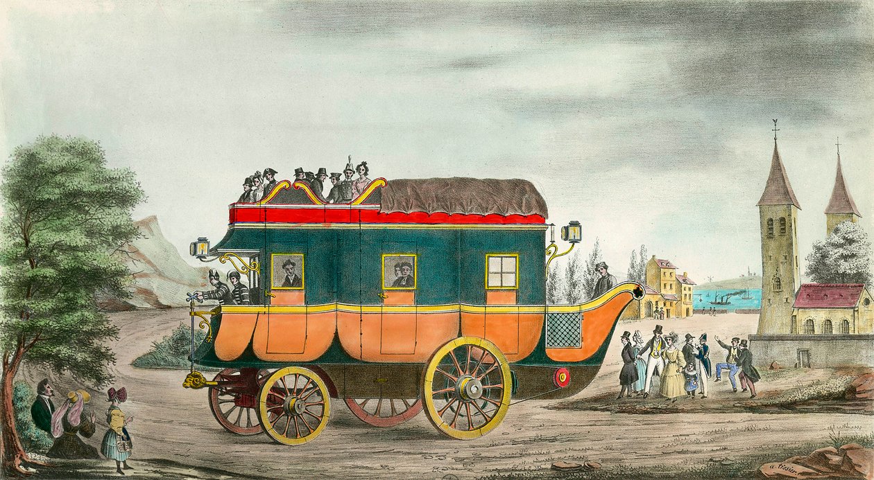 The car (or diligence) has steam: French invention of 1835 (engraving by Ange Tissier) by Jean Baptiste Ange Tissier