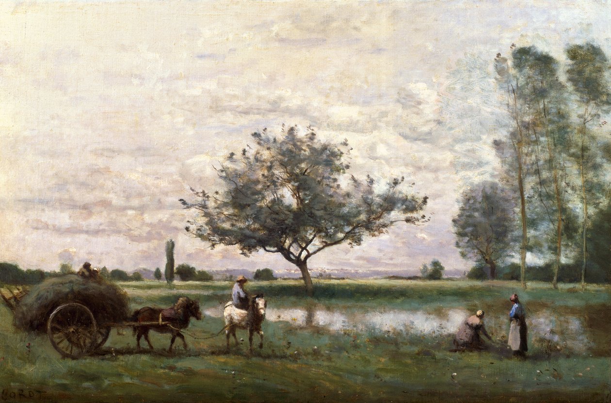 Haycart Beside a River by Jean Baptiste Camille Corot