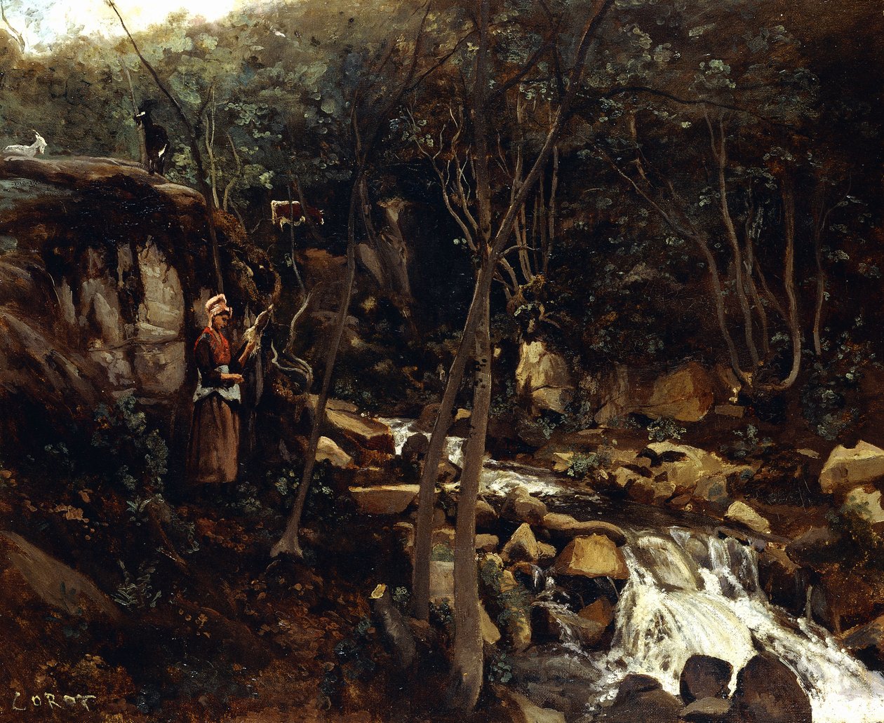 Lormes - A Torrent with a Standing Peasant, Spinning Wool by Jean Baptiste Camille Corot