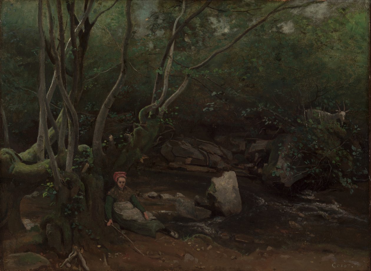 Goat-Girl Sitting Beside a Stream in a Forest by Jean Baptiste Camille Corot