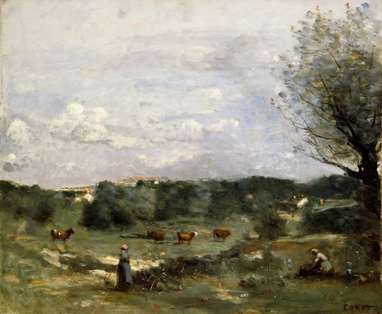 Meadow with Cows, a Willow on the Right and a Distant Village by Jean Baptiste Camille Corot