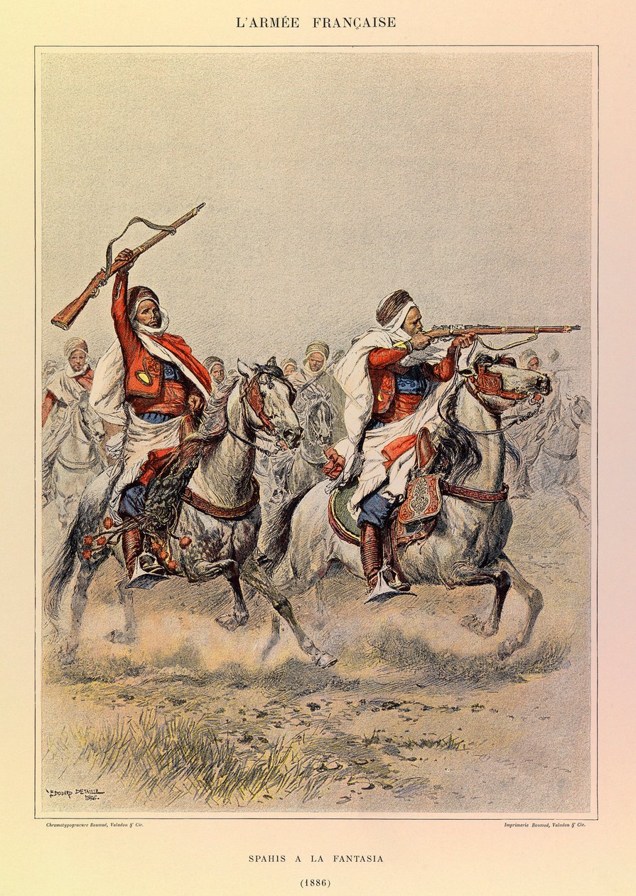 Types and Uniforms of the French Army by Captain Jules Richard, Illustrated by Edouard Detaille: Spahis at the Fantasia in 1886, Private Collection by Jean Baptiste Edouard Detaille