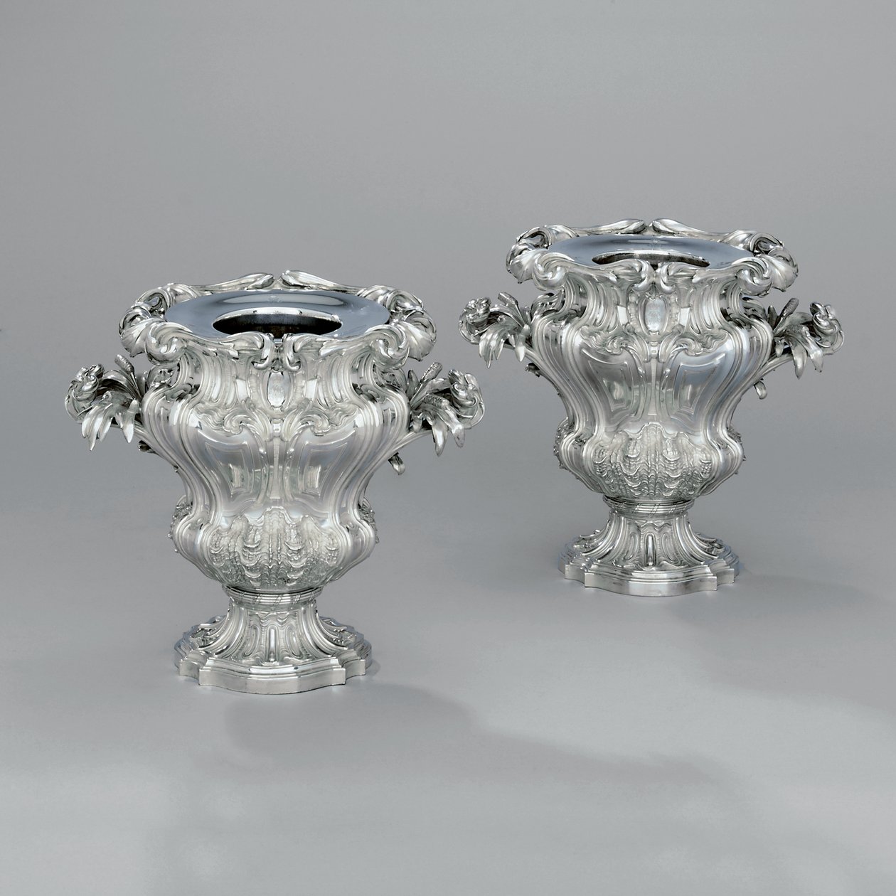 A Pair of Urn-Shaped Wine Coolers with Foliate Scrolls and Bullrush Handles, c.1880 by Jean Baptiste Gustave Odiot