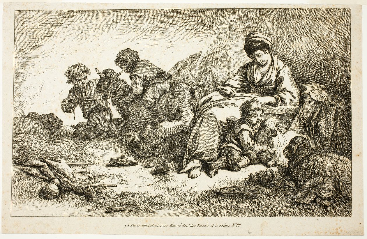 Mother and Children with Sheep by Jean Baptiste Huet