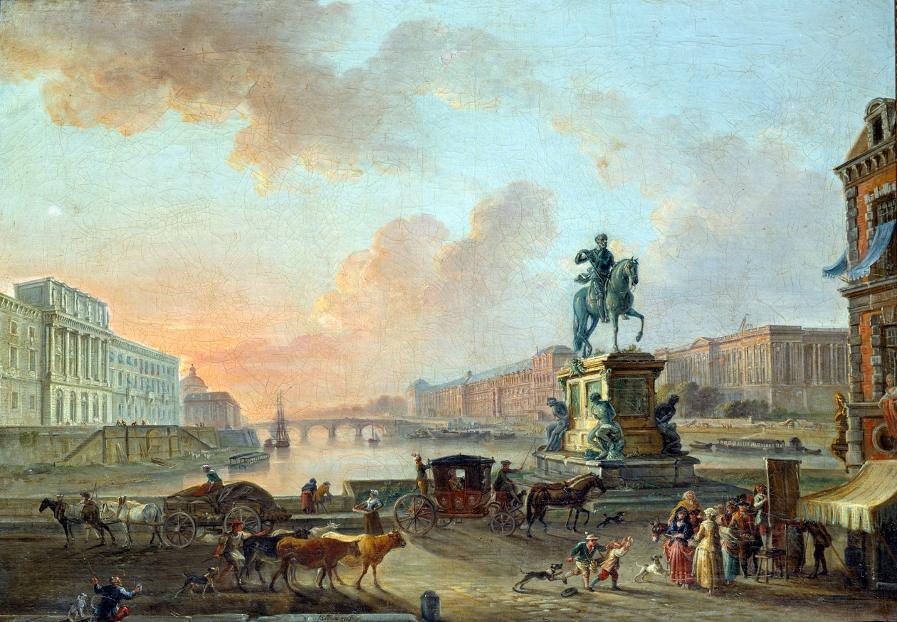 View of the Monnaie, the Pont Royal and the Louvre from the Pont Neuf around 1775 by Jean Baptiste Lallemand