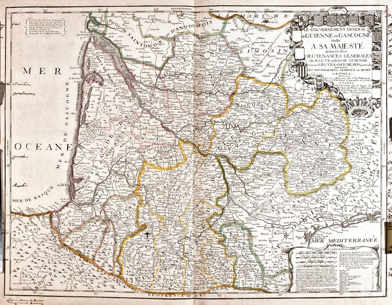 Map of Guyenne and Gascony (Southwest of France) by Jean Baptiste Nolin