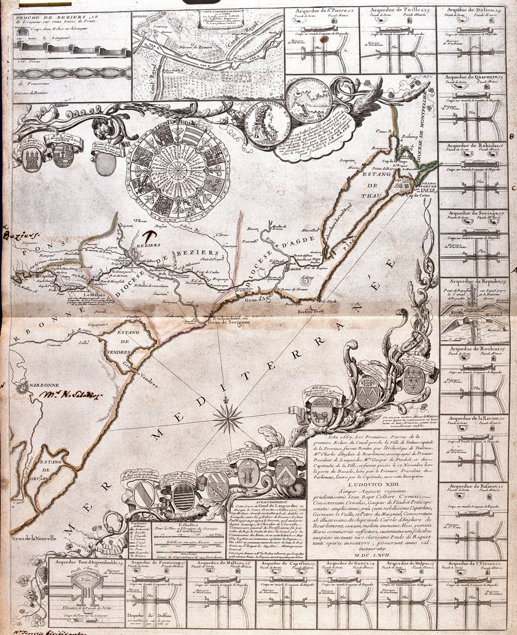 Map of the Canal du Midi, with its aqueducts by Jean Baptiste Nolin