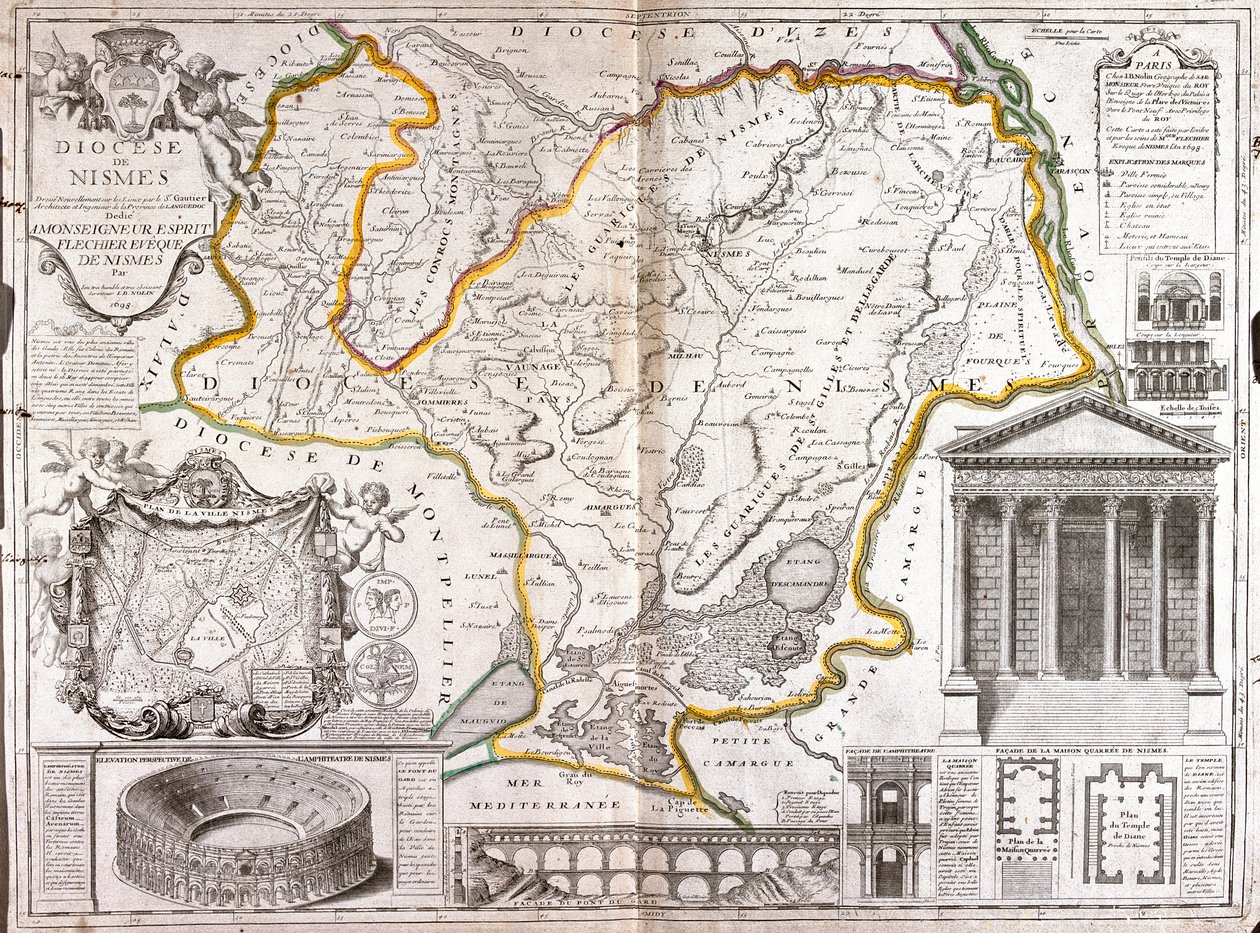 Map of the Diocese of Nimes (France) by Jean Baptiste Nolin