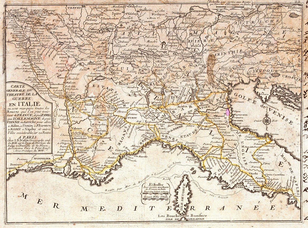 Map of the roads leading to the main Italian cities from all over Europe (Engraving) by Jean Baptiste Nolin