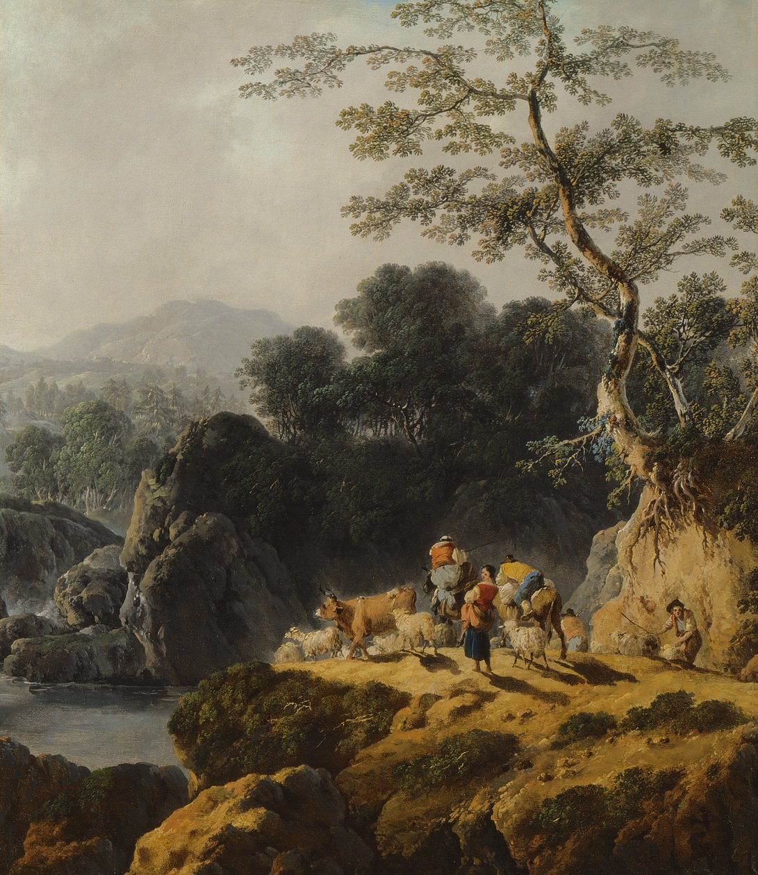A River Valley Landscape with Herdsmen and Travellers by Jean Baptiste Pillement