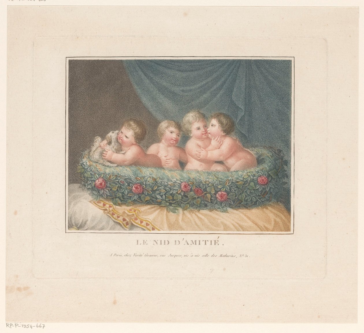 Four Putti with a Dog in a Basket of Roses on a Cushion by Jean Baptiste Verite