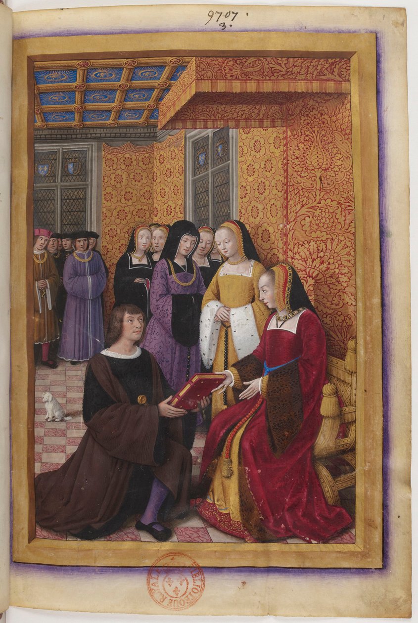 Dedication Miniature of the Voyage to Genoa: Jean Marot Presents His Work to Anne of Brittany by Jean Bourdichon