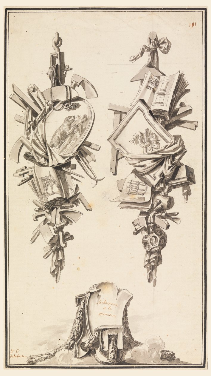 A Pair of Trophies Referring to the Crafts of the Cabinet Maker and the Carpenter by Jean Charles Delafosse