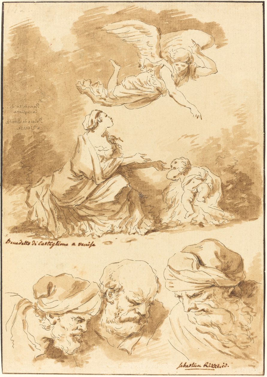 Hagar Consoled by an Angel (from a painting by Castiglione) and Three Heads of Old Men (from a painting by Ricci of Jesus and the Adulteress) by Jean Claude Richard de Saint Non after Jean Honoré Fragonard