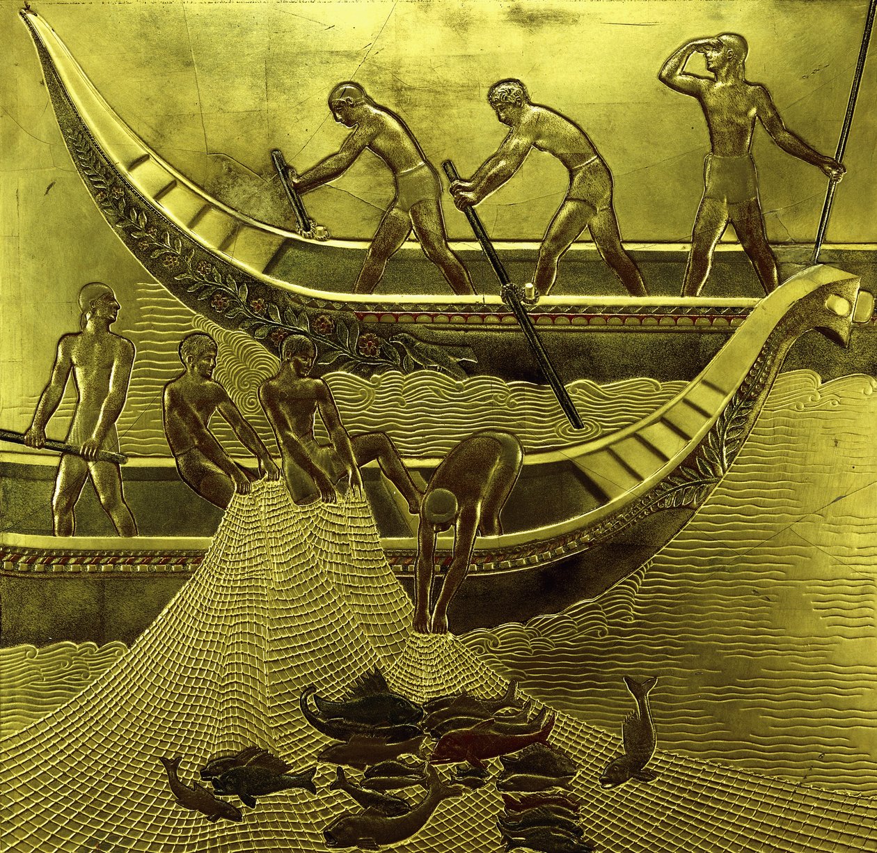 A lacquered panel depicting fishermen drawing their nets by Jean Dunand