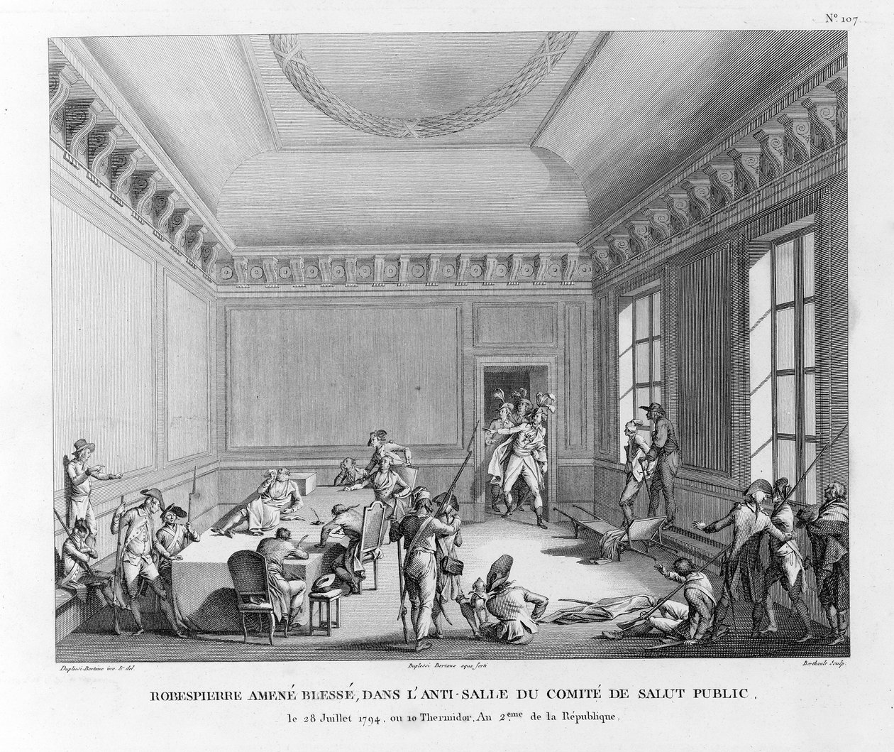 Robespierre wounded, brought into the antechamber of the Committee of Public Safety on July 28, 1794, engraved by Pierre Gabriel Berthault by Jean Duplessi-Bertaux