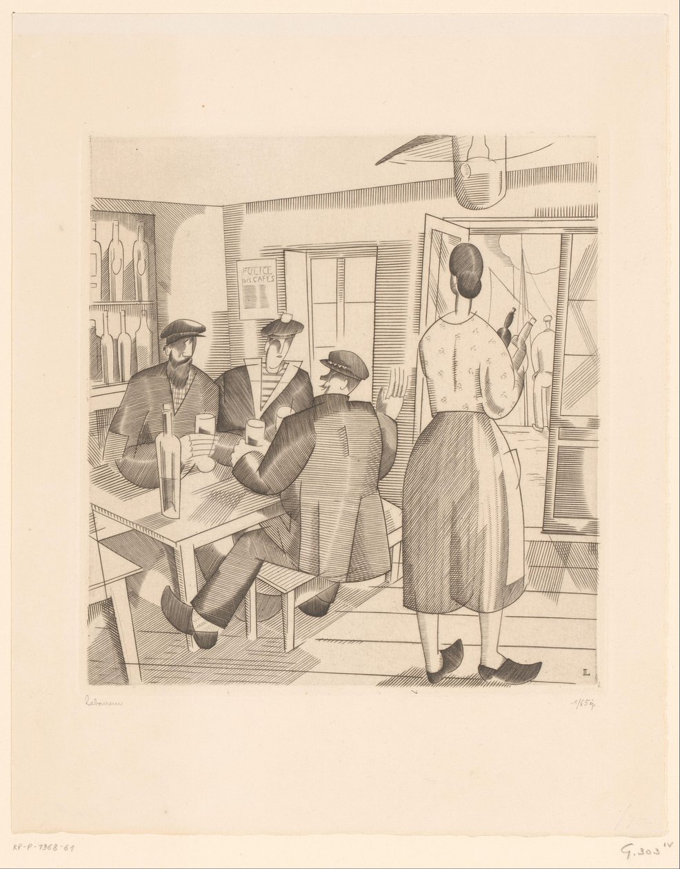 Café Interior with Customers and Waitress (Cabaret Vendéen) by Jean Emile Laboureur (signed by artist)