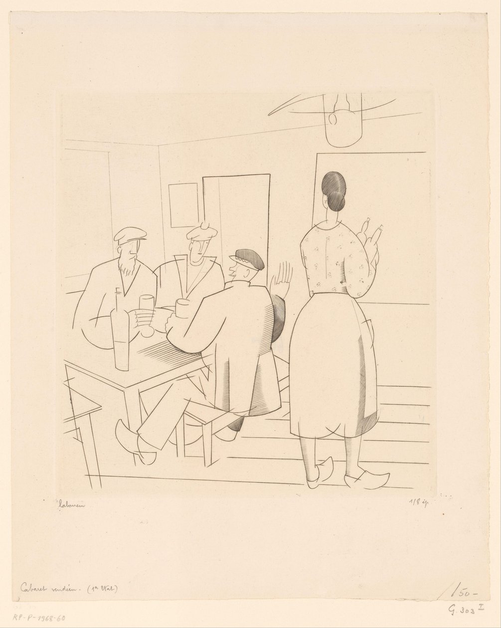 Café Interior with Customers and Waitress by Jean Emile Laboureur (signed by artist)