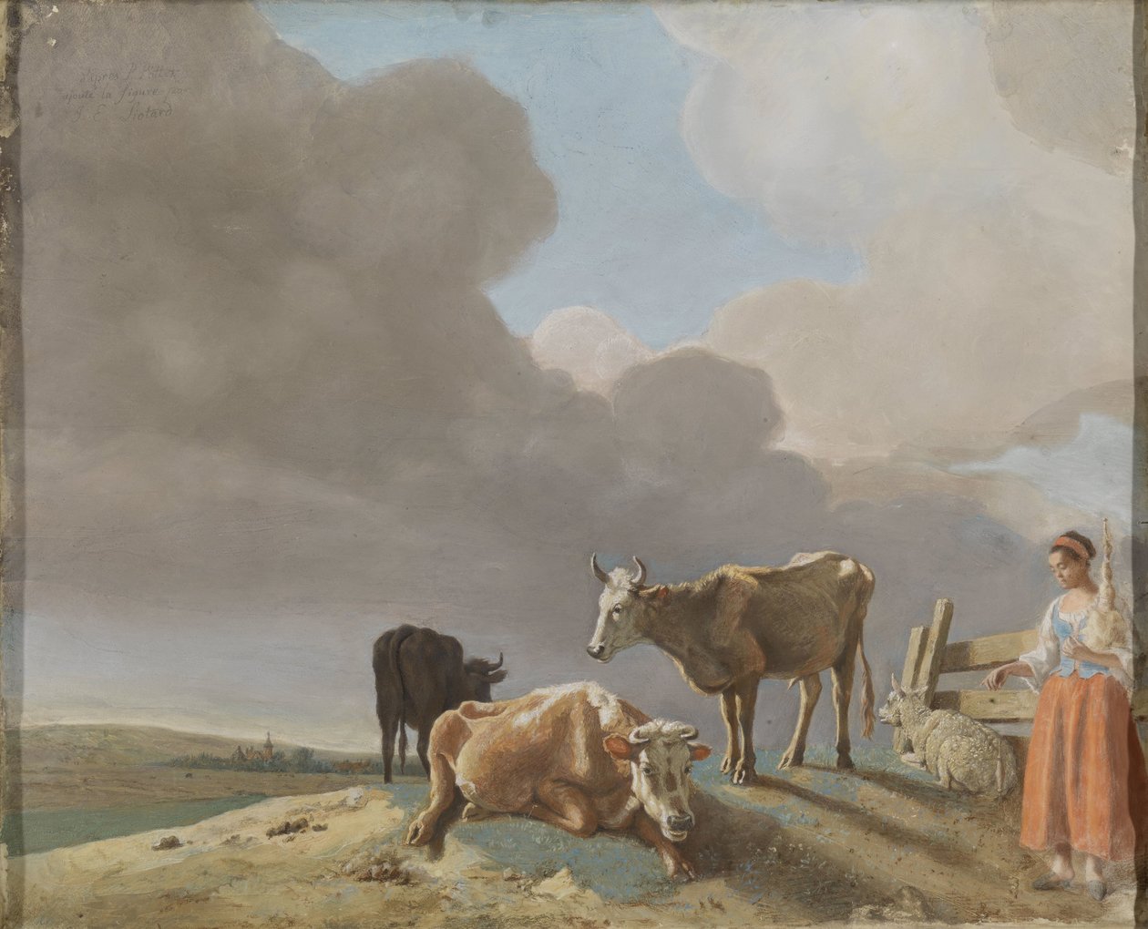 Landscape with Cows, Sheep, and Shepherdess, modified copy after a painting by Paulus Potter, the shepherdess copied from a painting by Karel Dujardin (recto); unfinished portrait of a man (verso) by Jean Étienne Liotard