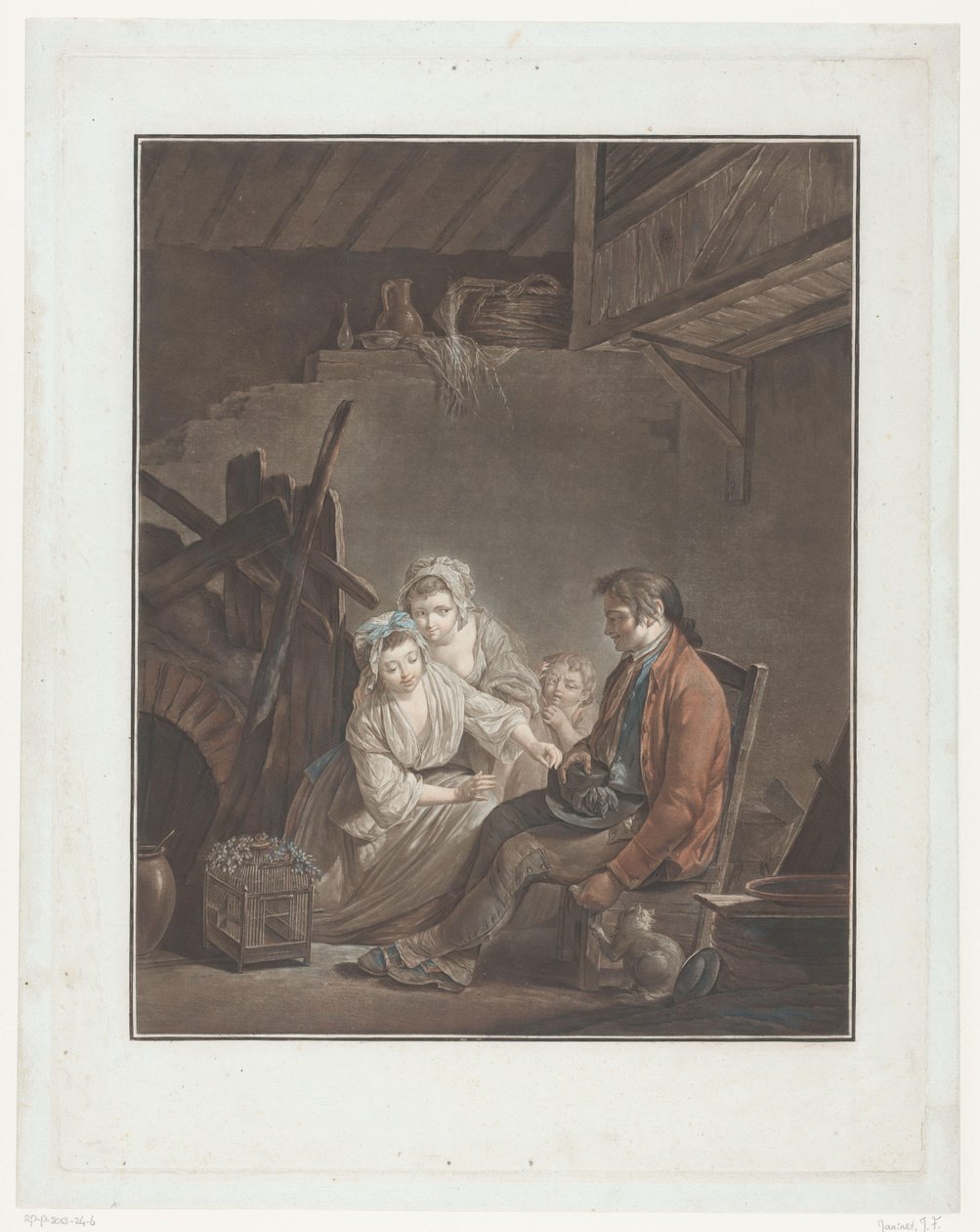 Two Women and a Child with a Man Hiding a Bird by Jean-Francois Janinet