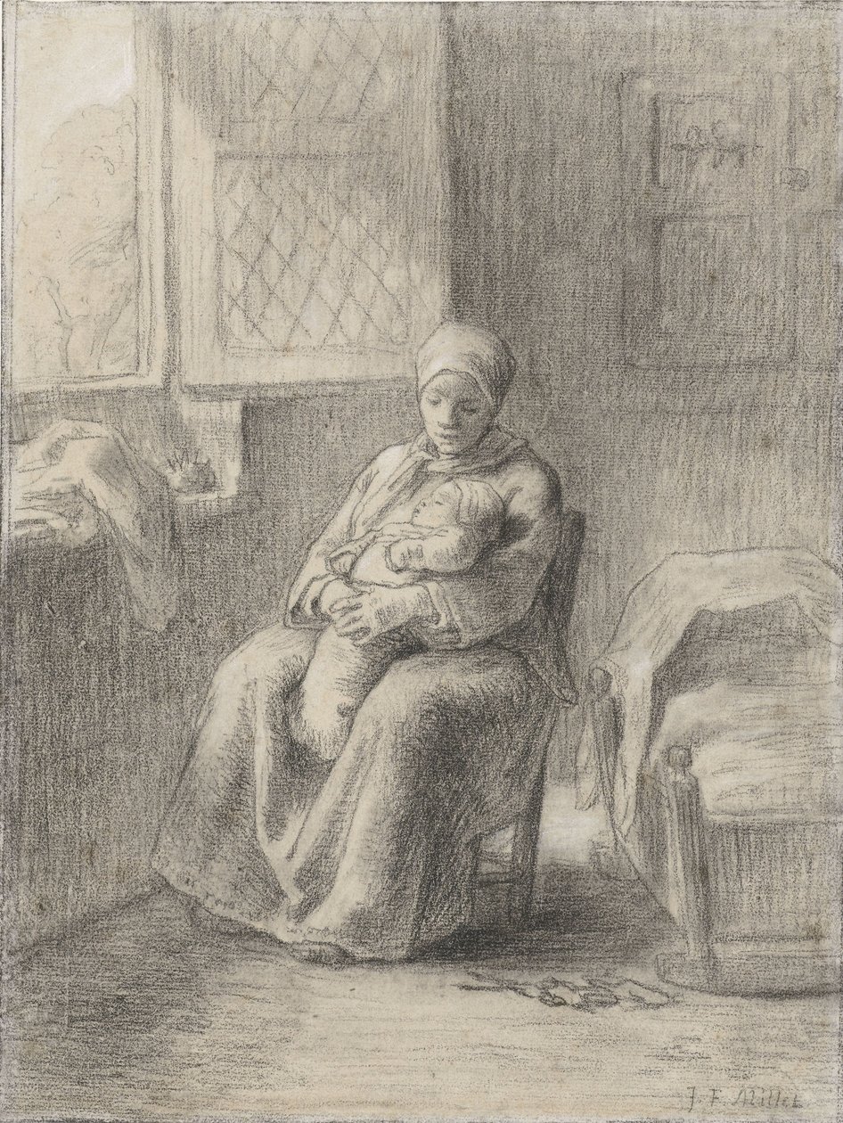 Seated Woman with a Baby by a Window by Jean-Francois Millet