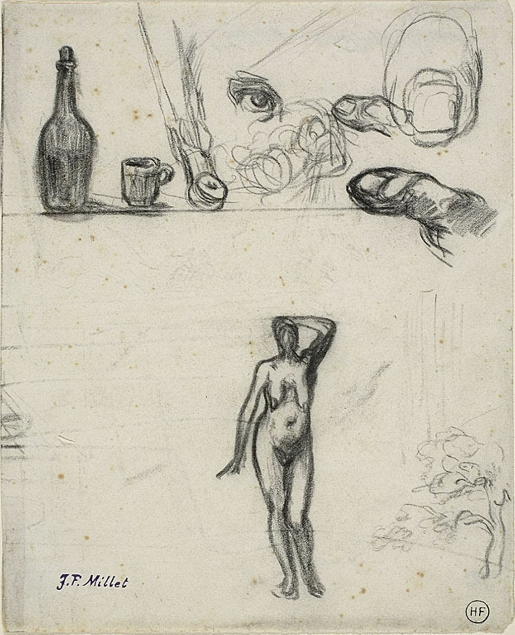 Sheet of Sketches: Standing Female Nude, Tree, Still Life, Fingers and Eye by Jean Francois Millet