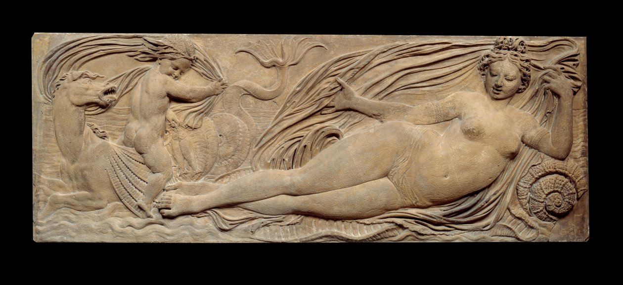 Nymph and little genie rides on a marine horse; Nymph and Triton surrounded by two small genies by Jean Goujon