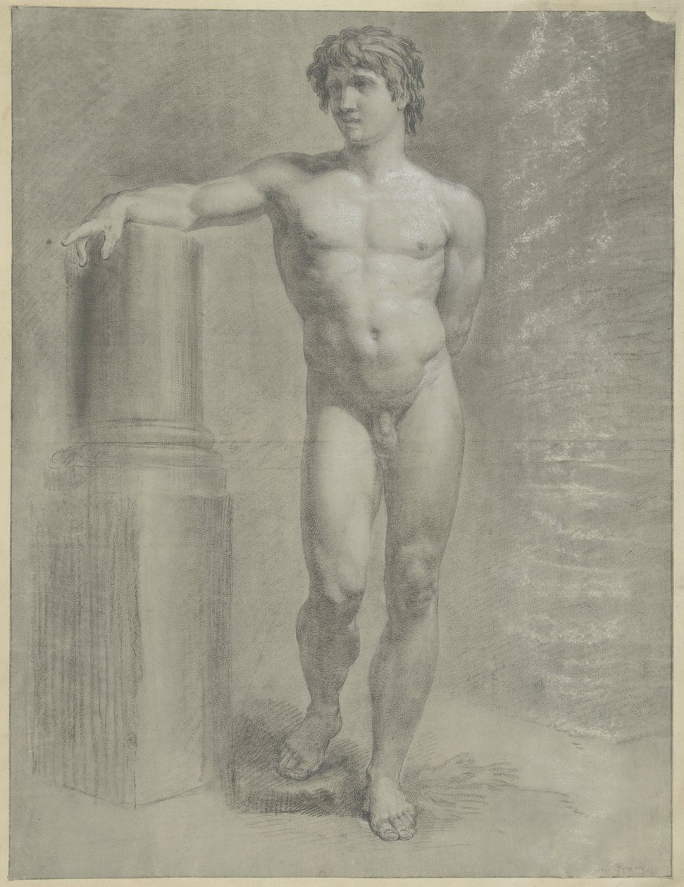 Standing Male Nude, Right Arm on a Broken Column, Front View by Jean Grandjean