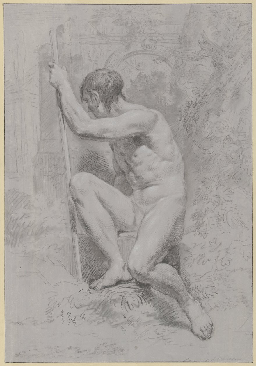 Seated Male Nude with a Stick, Turned to the Left by Jean Grandjean