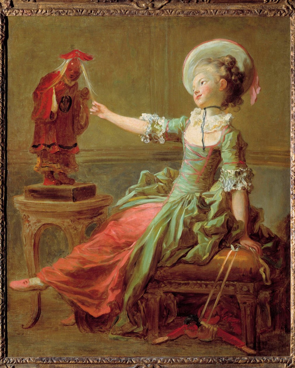 A young girl has fun with a Chinese statue pulling her hair by Jean-Honore Fragonard