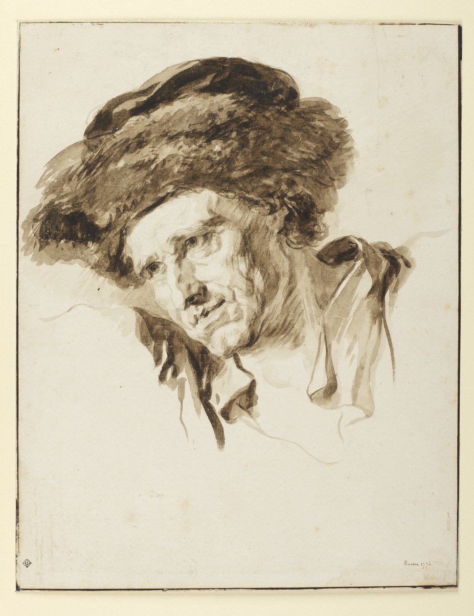 Head of a man wearing a fur cap by Jean-Honore Fragonard