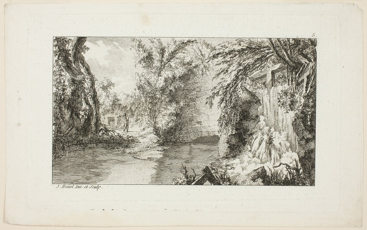 Landscape with a Walker and a Cascade, plate 5 from the second suite Book of Landscapes by Jean Hoüel