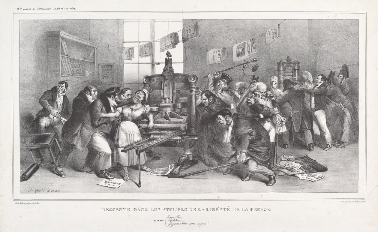 Descent into the Workshops of the Freedom of the Press by Jean Ignace Isidore Grandville, and Auguste Desperet