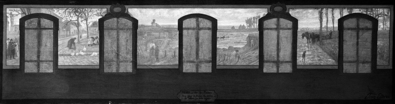 Sketch for the Fresnes town hall: On the plateau, A square in Fresnes. The quarries. Ploughing at the end of the day by Jean Joseph Enders