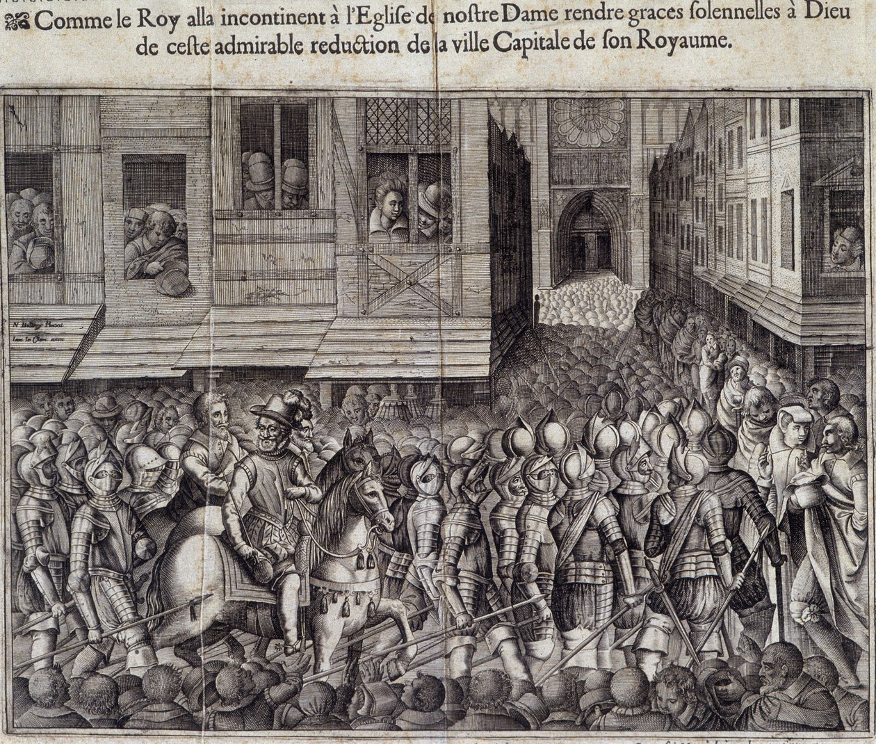 Entry of Henry IV (1553 - 1610) in Paris on 22 March 1594 and going to the Cathedral of Notre Dame to attend Mass - Engraving by Jean Lecler, after Bollery, Musee de Notre Dame de Paris by Jean Leclerc