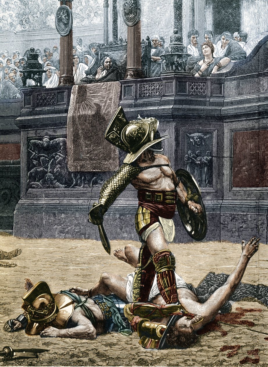 Gladiators in the Roman Arena. Spectators are warning the winner not to spare his opponent he beat, and put him to death. Engraving after a detail of the painting by Jean Leon Gerome (1824-1904) by Jean Leon (after) Gerome