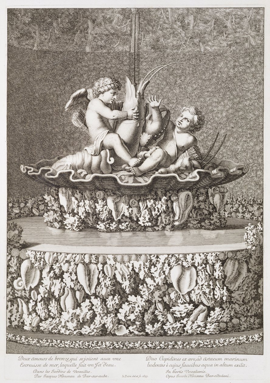 Fountain with two cupids riding a crayfish, designed by Jacques Houseau, at Versailles by Jean Lepautre